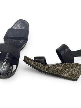 Pedro Garcia Black Textured Leather Wedge Sandals with Patterned Wedge